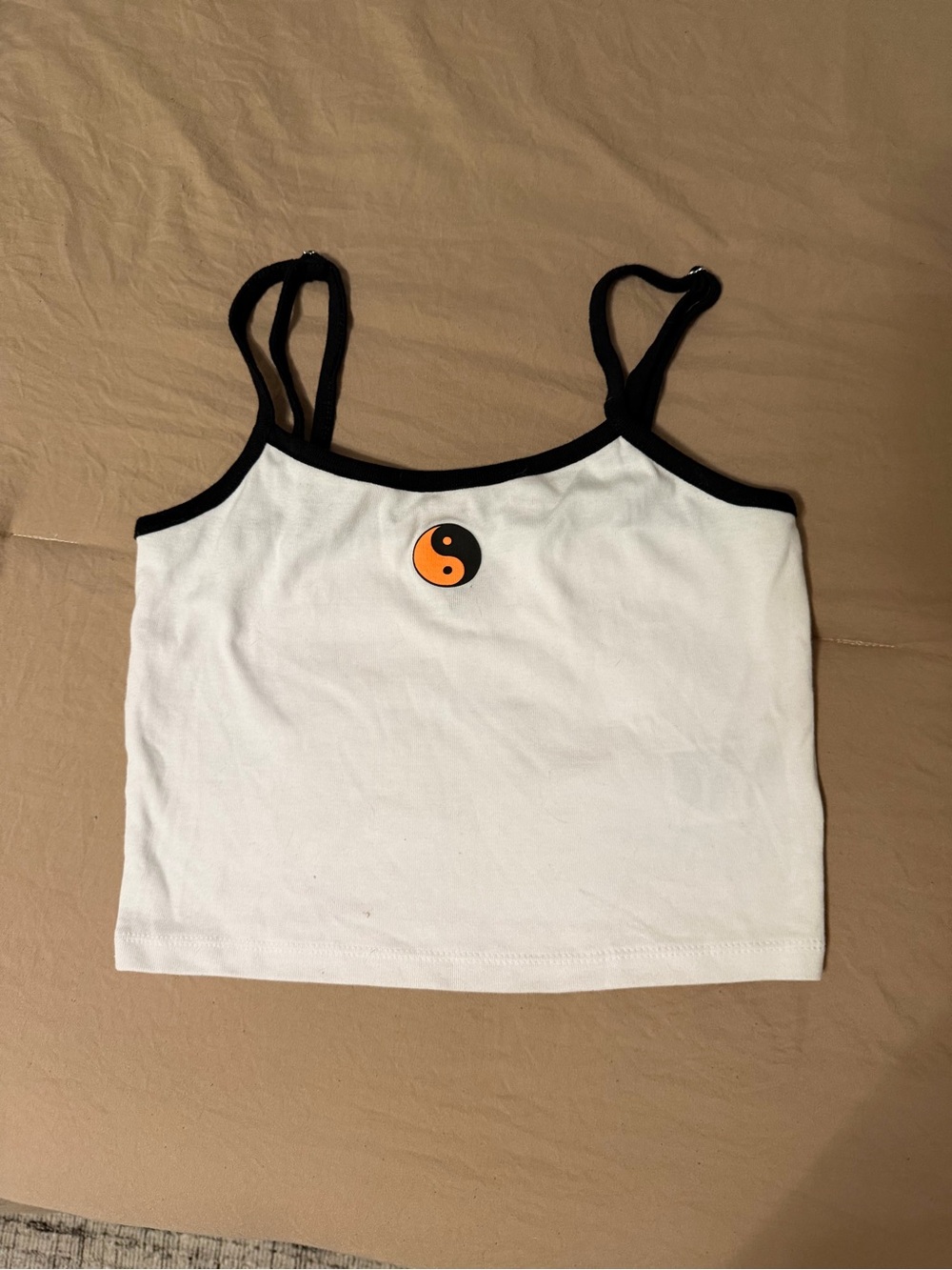 H&M White Cropped Tank Top with Black Trim and Small Orange Accent